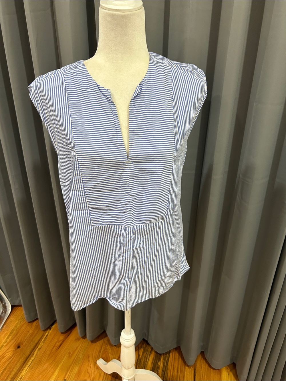 J. Crew Blue & White Striped Cap-Sleeve Notch-Neck Top